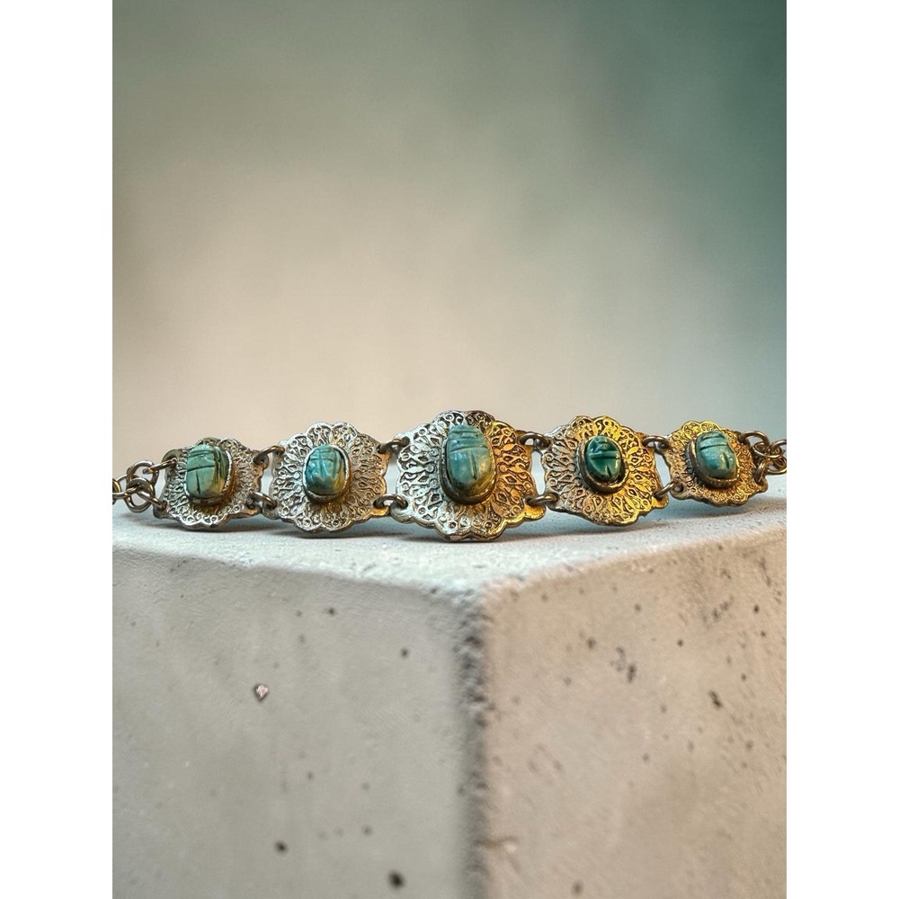 Vintage Silver Tone Turquoise Scarab Egyptian Revival Link Bracelet